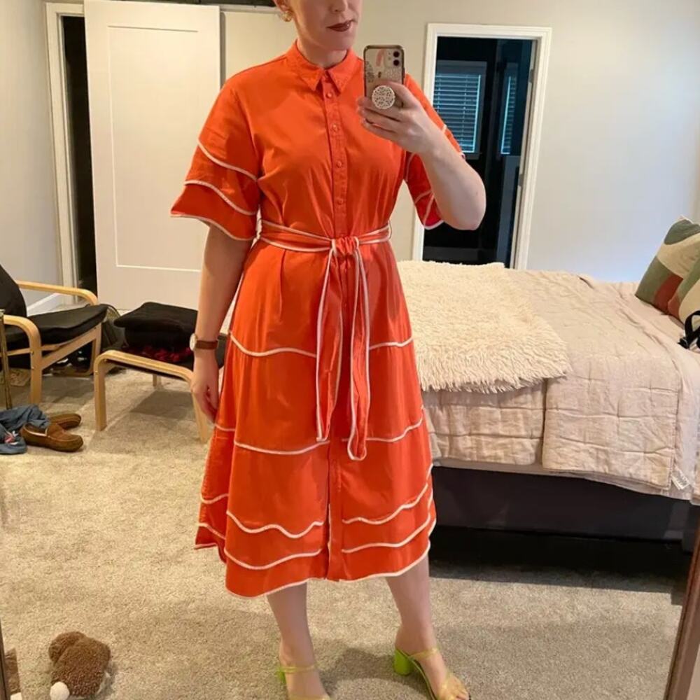 Alexis Orange Midi Shirt Dress XL Bright Feminine Career Fit flare Designer $575 - Picture 5 of 13